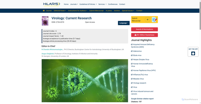 Security scan screenshot of https://www.hilarispublisher.com/virology-current-research.html