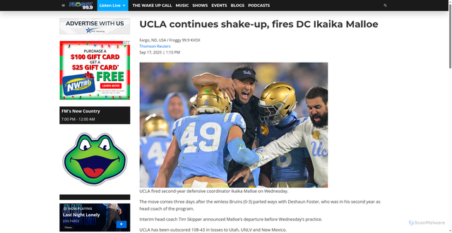 Security scan screenshot of https://froggyweb.com/2025/09/17/ucla-continues-shake-up-fires-dc-ikaika-malloe/