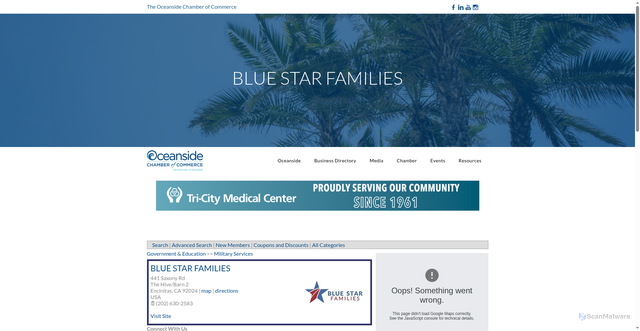 Security scan screenshot of https://web.oceansidechamber.com/Military-Services/Blue-Star-Families-5376