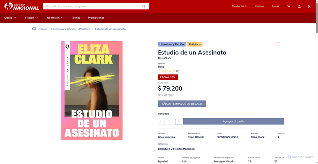 Security scan screenshot of https://www.librerianacional.com/estudio-de-un-asesinato/p?srsltid=AU7gw4WYUFEiTbZ6uR_KHauPZ0E4ZPiecBFHnLW1WS1RakAtyB1AKzrW