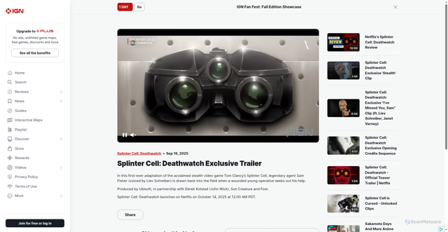 Security scan screenshot of https://me.ign.com/en/splinter-cell-the-series/235927/video/splinter-cell-deathwatch-exclusive-trailer