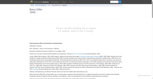 Security scan screenshot of https://www.referenceforbusiness.com/biography/A-E/Diller-Barry-1942.html