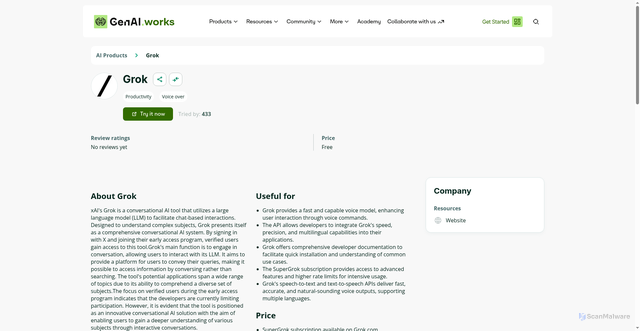 Security scan screenshot of https://genai.works/applications/grok