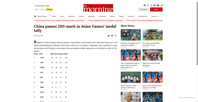 Security scan screenshot of https://www.themorning.lk/china-passes-200-mark-in-asian-games-medal-tally