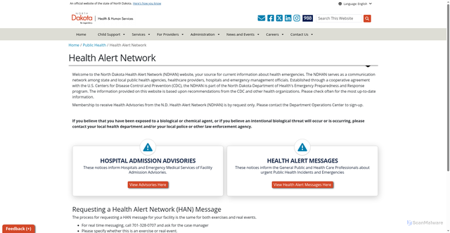Security scan screenshot of https://www.hhs.nd.gov/health/emergency-preparedness-and-response/health-alert-network