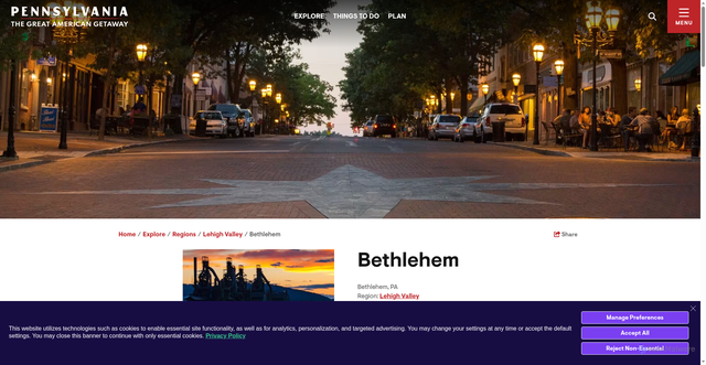 Security scan screenshot of https://www.visitpa.com/explore/regions/lehigh-valley/bethlehem/