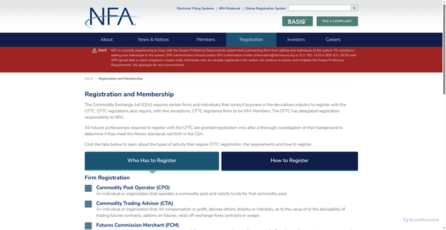 Security scan screenshot of https://www.nfa.futures.org/registration-membership/index.html