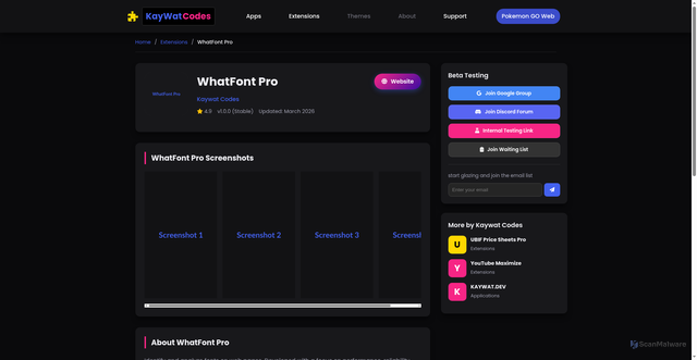 Security scan screenshot of https://kaywat-codes.pages.dev/views/whatfont-pro.html