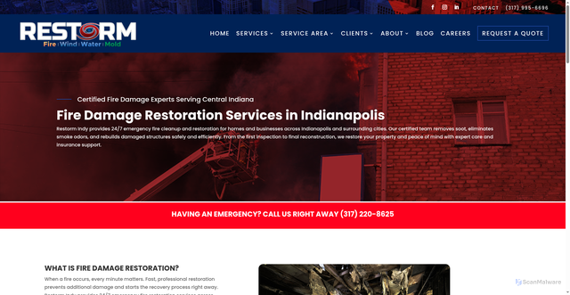 Security scan screenshot of https://restormindy.com/services/fire-damage-restoration/