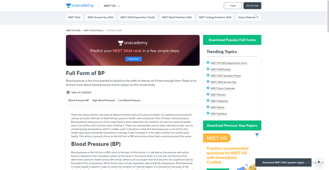 Security scan screenshot of https://unacademy.com/content/neet-ug/full-forms/full-form-of-bp/