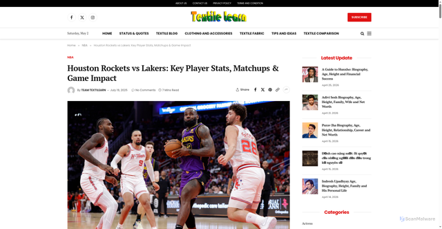 Security scan screenshot of https://textilearn.com/houston-rockets-vs-lakers-key-player-stats-matchups-game-impact/