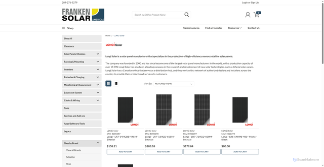 Security scan screenshot of https://shop.frankensolar.ca/longi-solar/?srsltid=AfmBOoqIHShhYPnlYY2lTd2rG-xQjVBzbdI_25Mx0CCKjIfFB5alxb0x