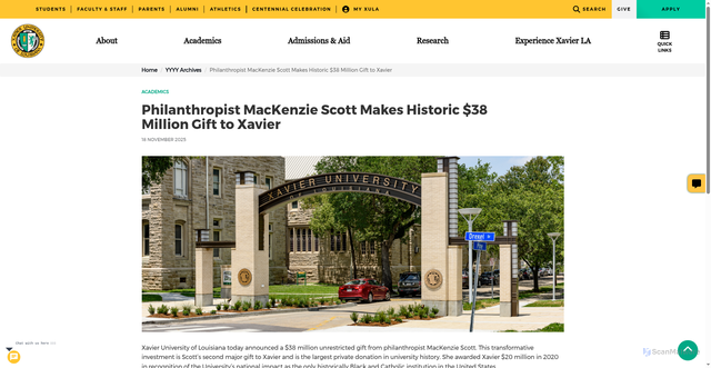 Security scan screenshot of https://www.xula.edu/news/20251/11/philanthropist-mackenzie-scott-makes-historic-38-million-gift-to-xavier.html