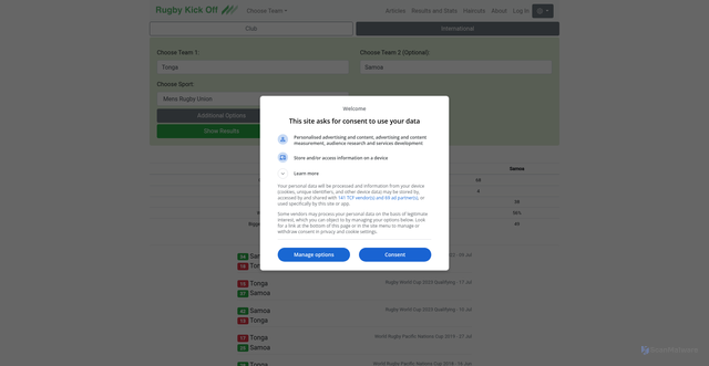 Security scan screenshot of https://www.rugbykickoff.com/results/international?team1=Tonga&team2=Samoa&sport=Mens+Rugby+Union