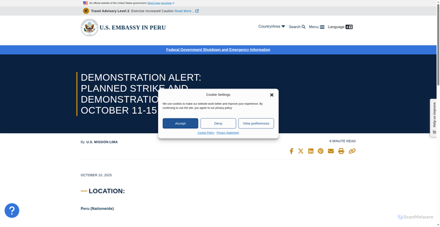 Security scan screenshot of https://pe.usembassy.gov/demonstration-alert-planned-strike-and-demonstrations-october-11-15-u-s-embassy-lima-peru/