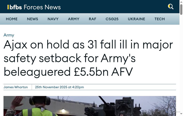 Security scan screenshot of https://www.forcesnews.com/services/army/ajax-fleet-put-hold-major-safety-setback-armys-beleaguered-ps55bn-afv