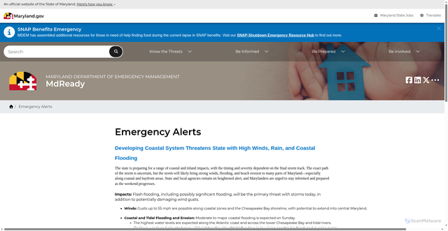 Security scan screenshot of https://mdready.maryland.gov/pages/Emergency-Alerts.aspx