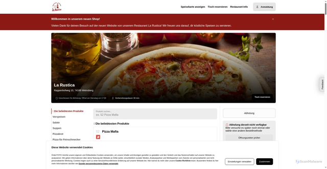 Security scan screenshot of https://larustica-onlinebestellung.de/la-rustica/takeaway