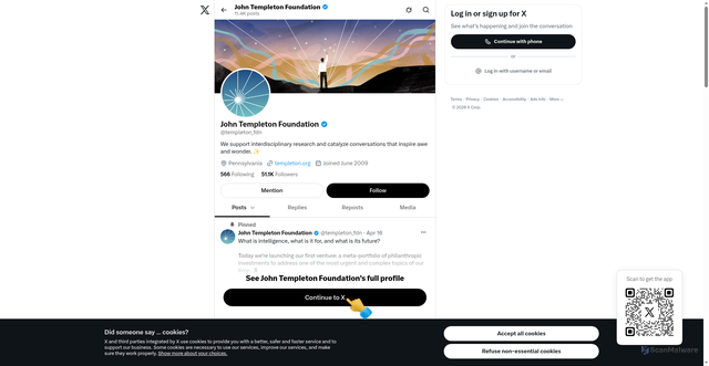 Security scan screenshot of https://x.com/templeton_fdn?utm_source=Receive+News+from+the+John+Templeton+Foundation&utm_campaign=0508ba1c17-EMAIL_CAMPAIGN_2026_templetonideas_20260930&utm_medium=email&utm_term=0_-42837b4b08-97355777
