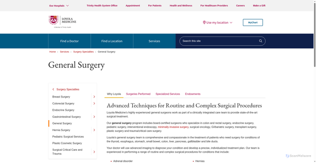 Security scan screenshot of https://www.loyolamedicine.org/services/surgical-services/surgery-specialties/general-surgery