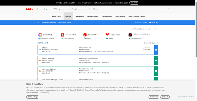Security scan screenshot of https://status.adobe.com/