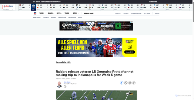 Security scan screenshot of https://www.nfl.com/news/raiders-release-veteran-lb-germaine-pratt-after-not-making-trip-to-indianapolis-for-week-5-game