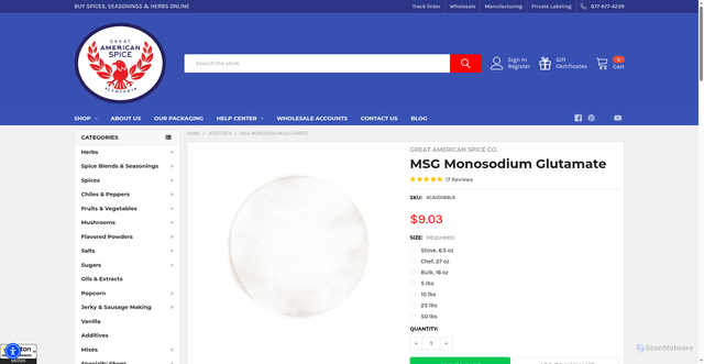 Security scan screenshot of https://www.americanspice.com/msg-monosodium-glutamate/?srsltid=AfmBOoq_wgA_EQT8JDcsFsSbVmn6ip0681TxpNLB2xWB_dTdAPPkaY3T