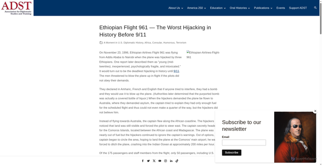 Security scan screenshot of https://adst.org/2014/10/ethiopian-flight-961-the-worst-hijacking-in-history-before-911/