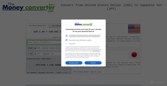 Security scan screenshot of https://themoneyconverter.com/USD/JPY