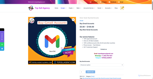 Security scan screenshot of https://topsellagency.com/product/buy-gmail-accounts/