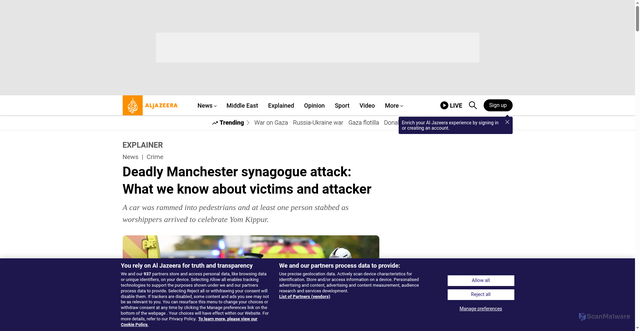 Security scan screenshot of https://www.aljazeera.com/news/2025/10/2/deadly-manchester-synagogue-attack-what-we-know-about-victims-and-attacker