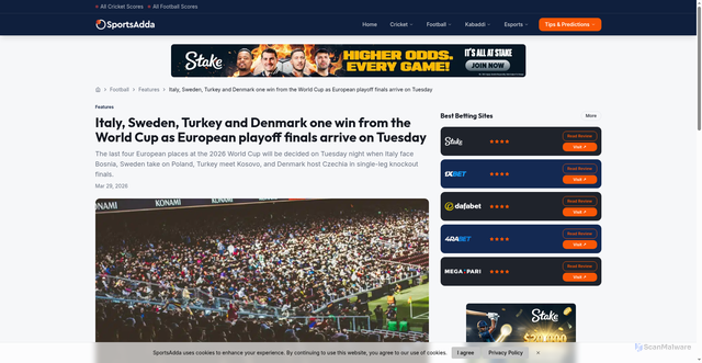 Security scan screenshot of https://www.sportsadda.asia/football/features-football/italy-sweden-turkey-and-denmark-one-win-from-the-world-cup-as-european-playoff-finals-arrive-on-tuesday/