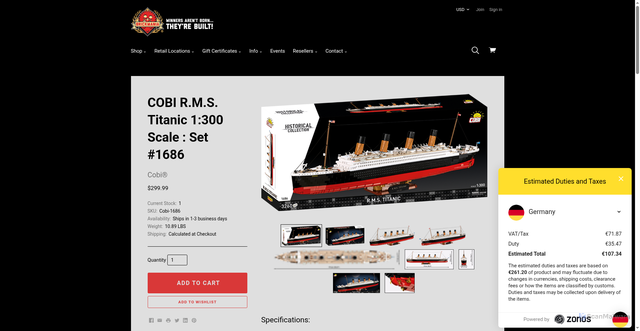 Security scan screenshot of https://www.brickmania.com/cobi-r-m-s-titanic-1-300-scale-set-1686/