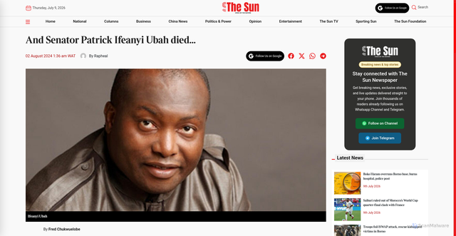 Security scan screenshot of https://thesun.ng/and-senator-patrick-ifeanyi-ubah-died/