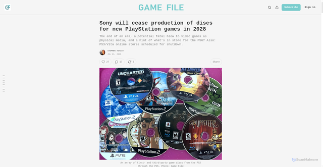Security scan screenshot of https://www.gamefile.news/p/sony-drops-playstation-discs-2028-ps3-vita-stores-closing