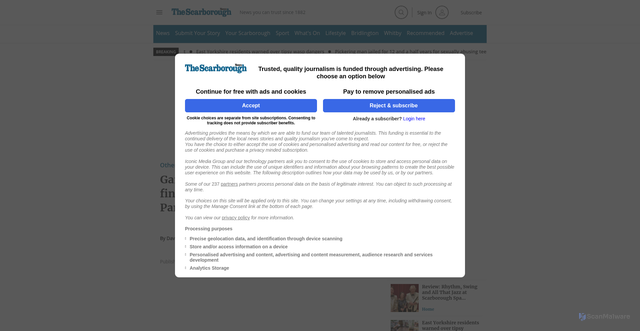 Security scan screenshot of https://www.thescarboroughnews.co.uk/sport/other-sport/gary-thornton-and-paul-morgan-win-final-friday-over-60s-merit-at-dukes-park-8925162