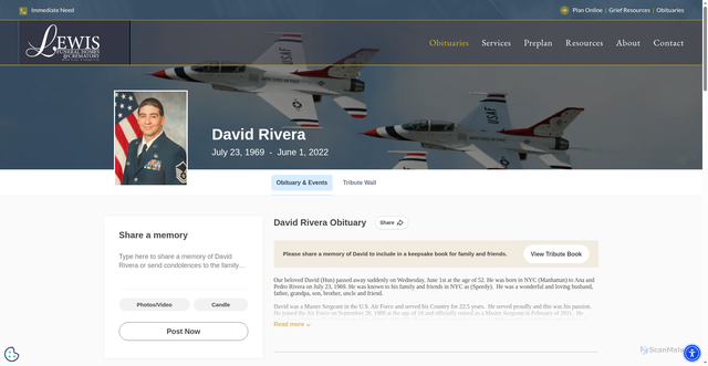 Security scan screenshot of https://www.lewisfuneralhomes.net/obituaries/David-Rivera?obId=25007433