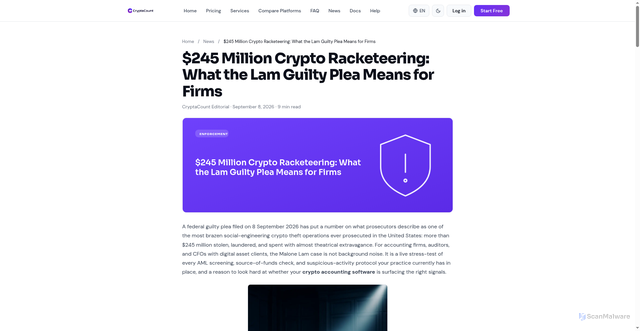Security scan screenshot of https://www.cryptacount.com/en/news/malone-lam-245-million-crypto-racketeering-guilty-plea-accounting/