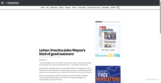 Security scan screenshot of https://dailyastorian.com/2025/12/22/letter-practice-john-waynes-kind-of-good-manners/