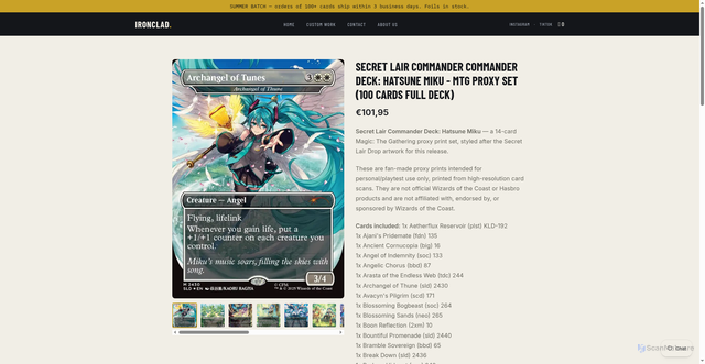 Security scan screenshot of https://ironcladproxies.com/products/secret-lair-commander-borderless-cards-hatsune-miku-mtg-proxy-set-14-cards-copy?srsltid=AfmBOoq6Vtuw59Bfj8yiVjIt1KSnZQAZq5B1t9I47Zmn6GxkOe3DEKBB