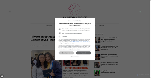 Security scan screenshot of https://sandrarose.com/2025/10/private-investigator-shares-update-on-celeste-rivas-hernandez-case/