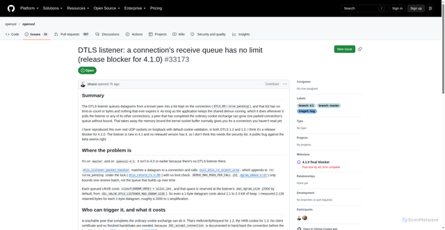 Security scan screenshot of https://github.com/openssl/openssl/issues/33173