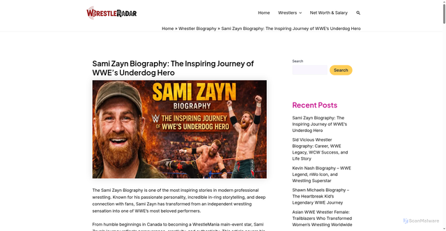 Security scan screenshot of https://wrestleradar.com/sami-zayn-biography/