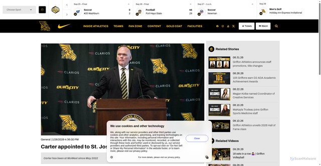 Security scan screenshot of https://gogriffons.com/news/2026/1/28/general-carter-appointed-to-st-joseph-sports-commission-board.aspx