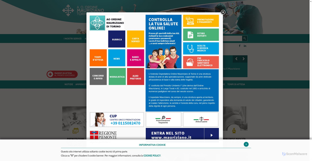 Security scan screenshot of https://www.mauriziano.it/flex/cm/pages/ServeBLOB.php/L/IT/IDPagina/1