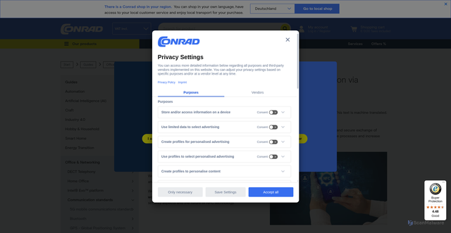 Security scan screenshot of https://www.conrad.com/en/guides/office-and-networking/communication-standards/nfc.html?srsltid=AfmBOooOGuMjgeVjtjbzIrBPMpVdy8uNKBLEjgFROyMXa4-a52RvAKSb