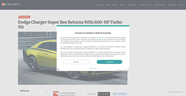 Security scan screenshot of https://wheelfront.com/dodge-charger-super-bee-returns-with-600-hp-turbo-six/