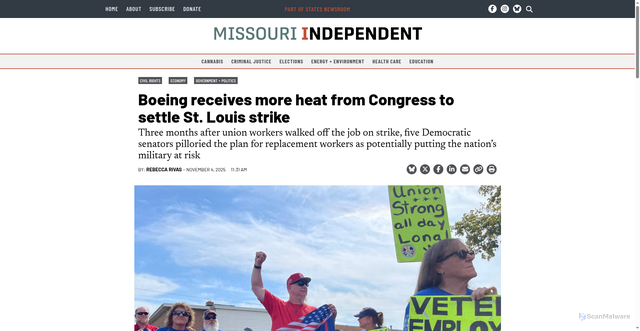 Security scan screenshot of https://missouriindependent.com/2025/11/04/boeing-receives-more-heat-from-congress-to-settle-st-louis-strike/