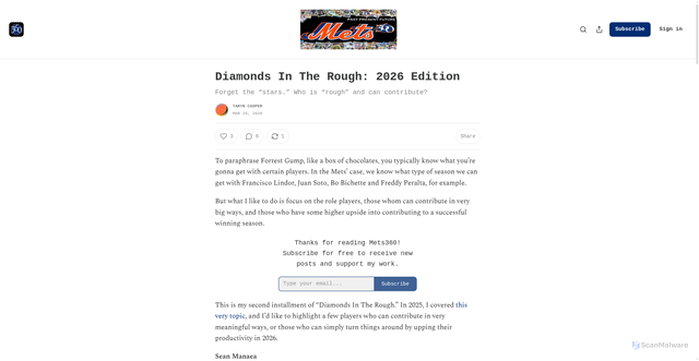 Security scan screenshot of https://mets360.substack.com/p/diamonds-in-the-rough-2026-edition