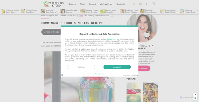 Security scan screenshot of https://slimpickinskitchen.com/hummingbird-nectar-recipe/